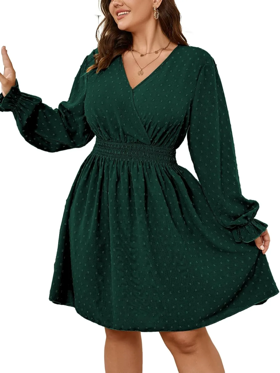 Plus Size Wrap Dress Casual Long Sleeve V Neck Swiss Dot Smocked Waist A Line Mini Dresses for Women