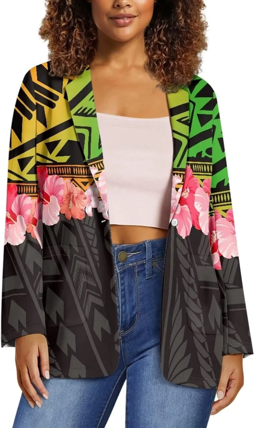 Polynesian Puletasi Samoan Traditional Loose Fit Work Blazers Plus Size Casual Suit Jacket for Women Blazers