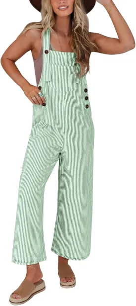 PRETTYGARDEN Overall Jumpsuit For Women 2025 Summer Casual Wide Leg Sleeveless Button Striped Jumpsuits Trendy Outfits
