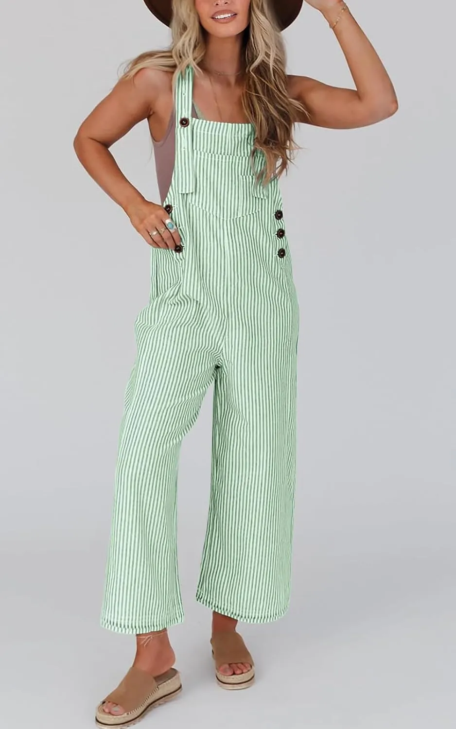 PRETTYGARDEN Overall Jumpsuit For Women 2025 Summer Casual Wide Leg Sleeveless Button Striped Jumpsuits Trendy Outfits