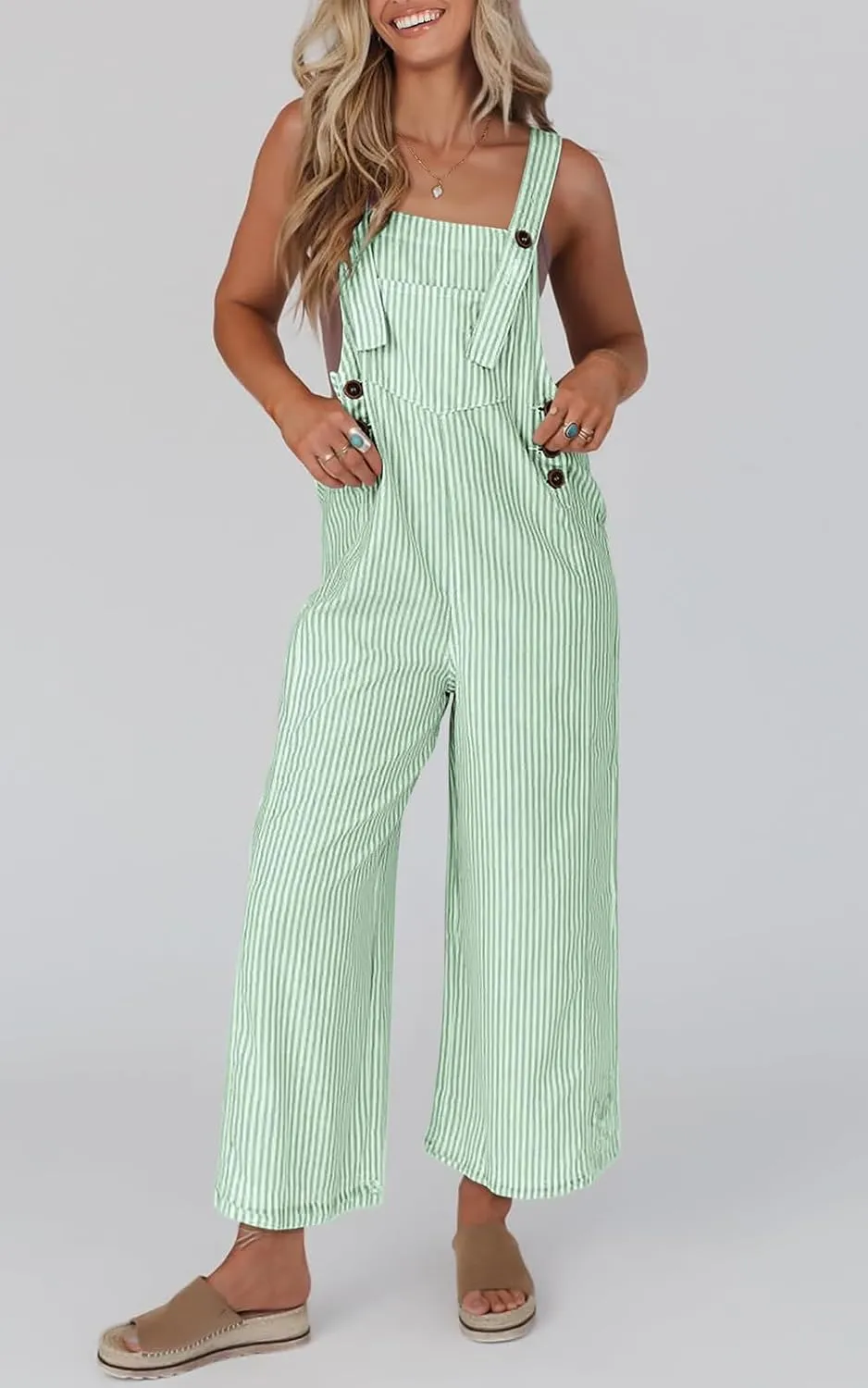 PRETTYGARDEN Overall Jumpsuit For Women 2025 Summer Casual Wide Leg Sleeveless Button Striped Jumpsuits Trendy Outfits