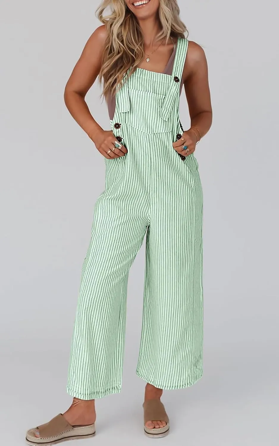 PRETTYGARDEN Overall Jumpsuit For Women 2025 Summer Casual Wide Leg Sleeveless Button Striped Jumpsuits Trendy Outfits