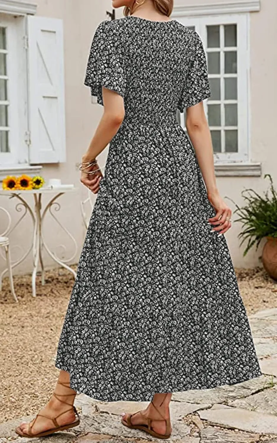 PRETTYGARDEN Women's 2025 Summer Casual Flutter Short Sleeve Boho Floral Maxi Dress Crew Neck Smocked Tiered Long Dresses