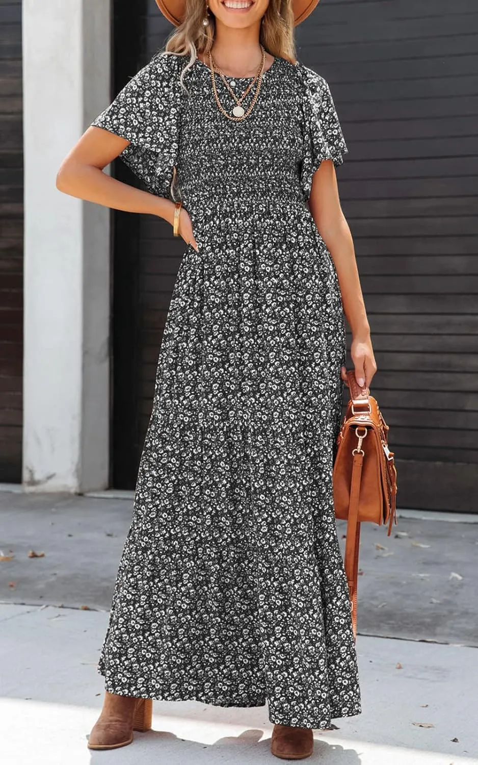 PRETTYGARDEN Women's 2025 Summer Casual Flutter Short Sleeve Boho Floral Maxi Dress Crew Neck Smocked Tiered Long Dresses
