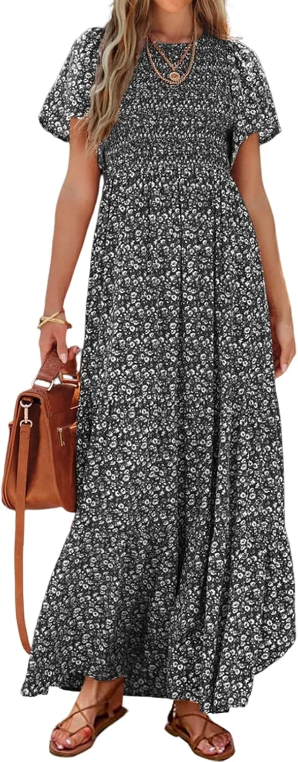 PRETTYGARDEN Women's 2025 Summer Casual Flutter Short Sleeve Boho Floral Maxi Dress Crew Neck Smocked Tiered Long Dresses