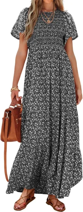 PRETTYGARDEN Women's 2025 Summer Casual Flutter Short Sleeve Boho Floral Maxi Dress Crew Neck Smocked Tiered Long Dresses