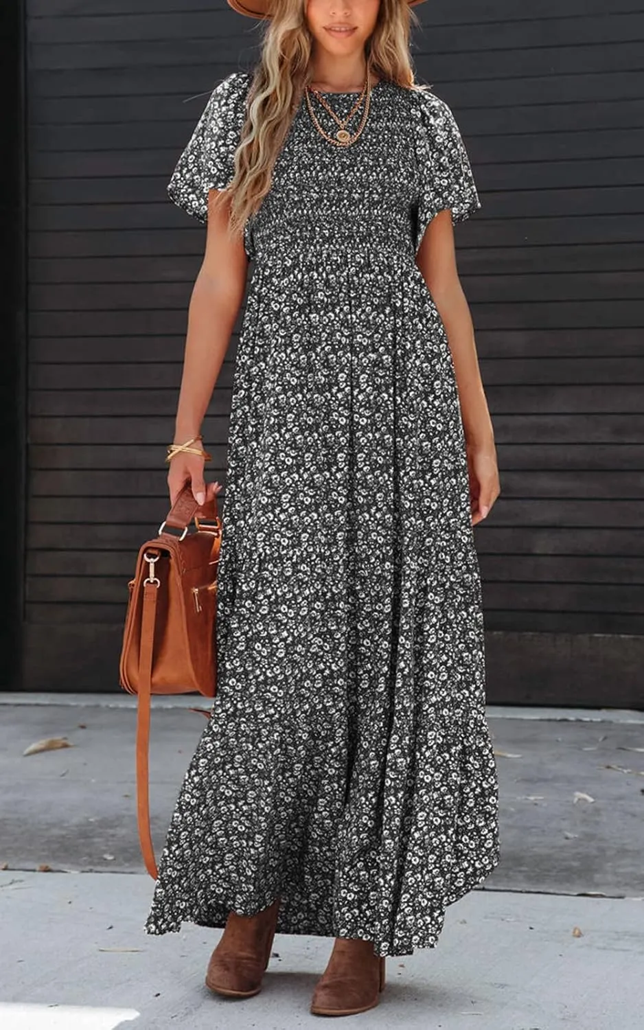PRETTYGARDEN Women's 2025 Summer Casual Flutter Short Sleeve Boho Floral Maxi Dress Crew Neck Smocked Tiered Long Dresses