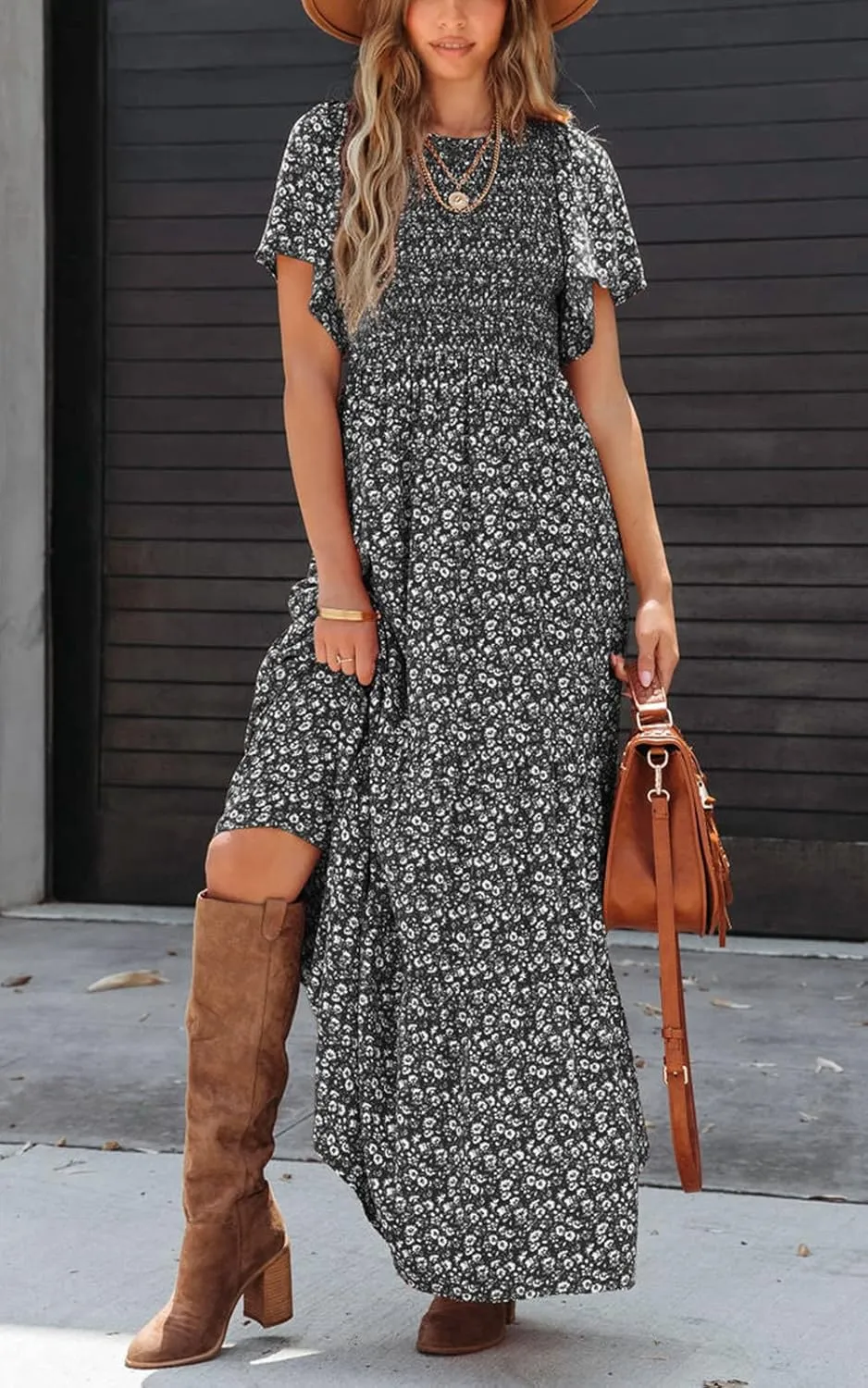 PRETTYGARDEN Women's 2025 Summer Casual Flutter Short Sleeve Boho Floral Maxi Dress Crew Neck Smocked Tiered Long Dresses