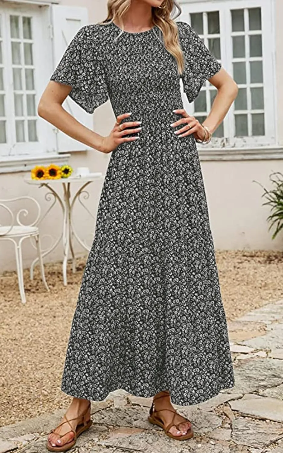 PRETTYGARDEN Women's 2025 Summer Casual Flutter Short Sleeve Boho Floral Maxi Dress Crew Neck Smocked Tiered Long Dresses