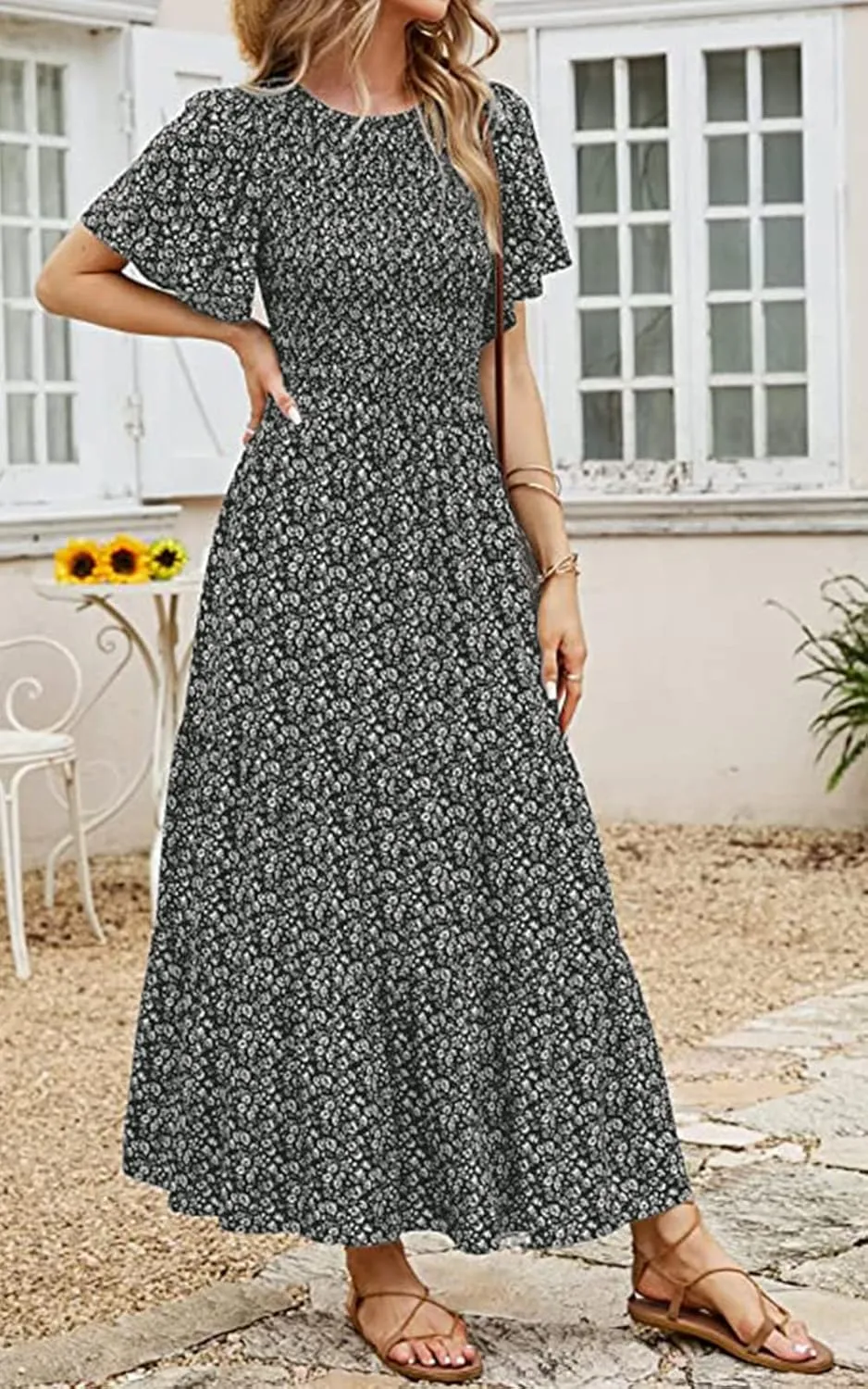 PRETTYGARDEN Women's 2025 Summer Casual Flutter Short Sleeve Boho Floral Maxi Dress Crew Neck Smocked Tiered Long Dresses