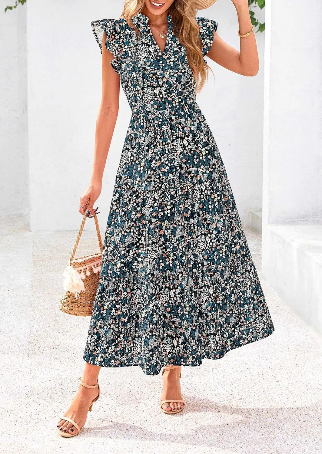 PRETTYGARDEN Women's 2025 Summer Floral Midi Dress Cap Sleeve V Neck Ruffle Long Flowy Boho Casual Beach Vacation Dresses
