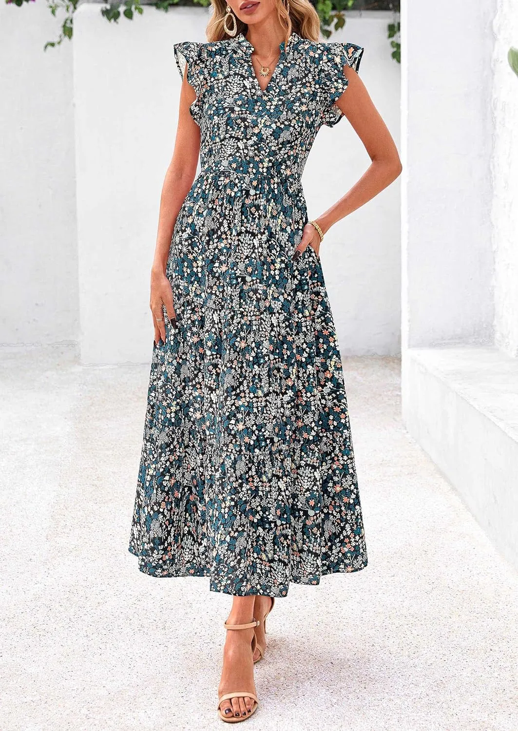 PRETTYGARDEN Women's 2025 Summer Floral Midi Dress Cap Sleeve V Neck Ruffle Long Flowy Boho Casual Beach Vacation Dresses