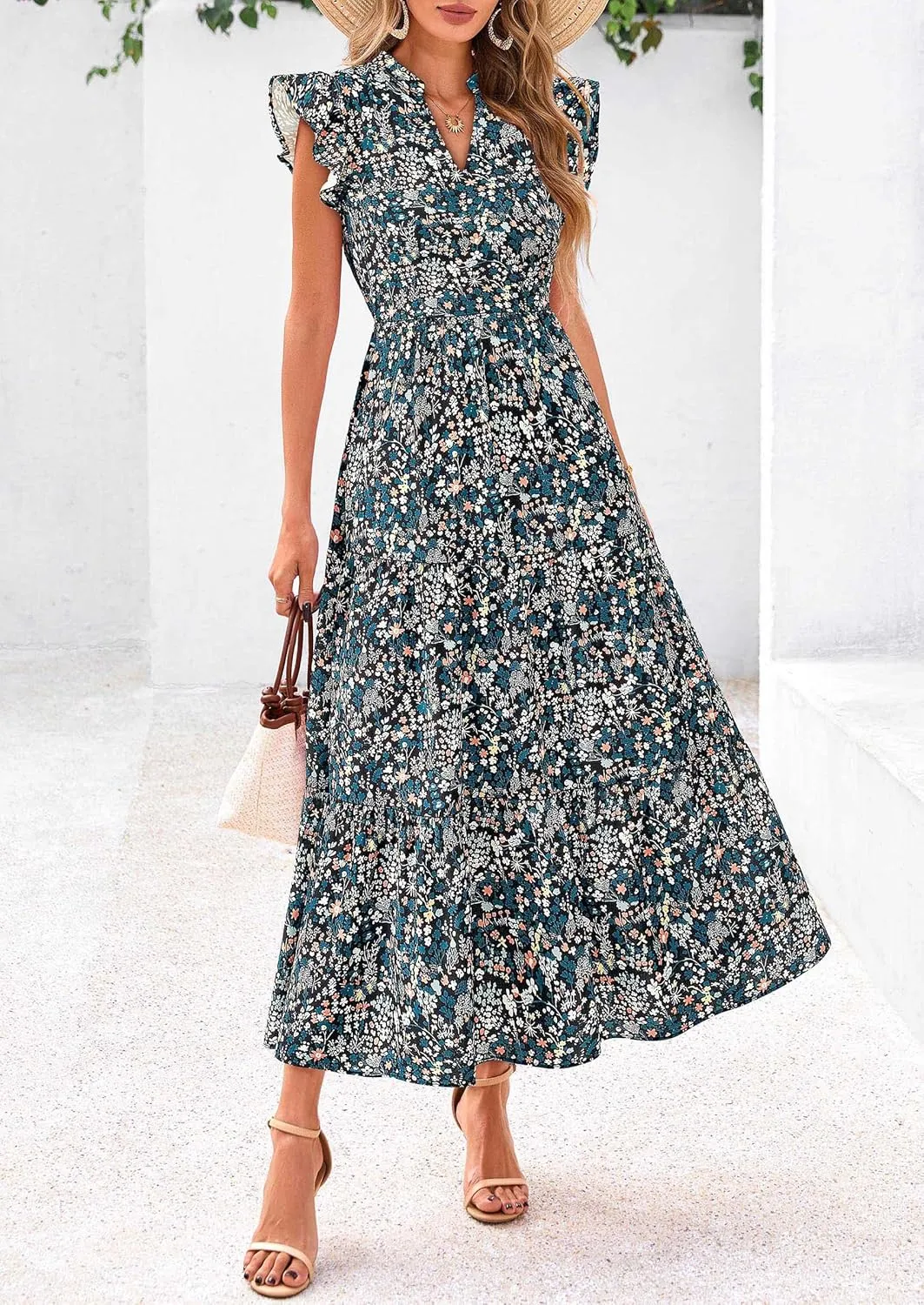 PRETTYGARDEN Women's 2025 Summer Floral Midi Dress Cap Sleeve V Neck Ruffle Long Flowy Boho Casual Beach Vacation Dresses