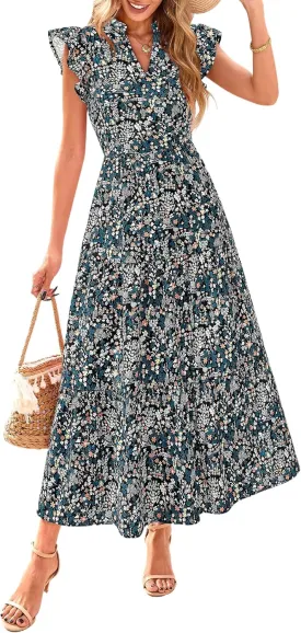 PRETTYGARDEN Women's 2025 Summer Floral Midi Dress Cap Sleeve V Neck Ruffle Long Flowy Boho Casual Beach Vacation Dresses