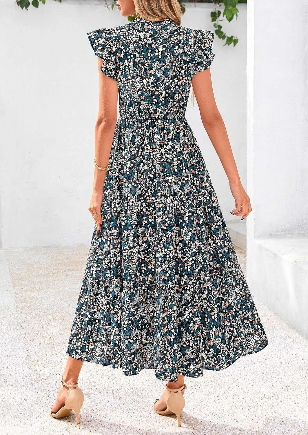 PRETTYGARDEN Women's 2025 Summer Floral Midi Dress Cap Sleeve V Neck Ruffle Long Flowy Boho Casual Beach Vacation Dresses
