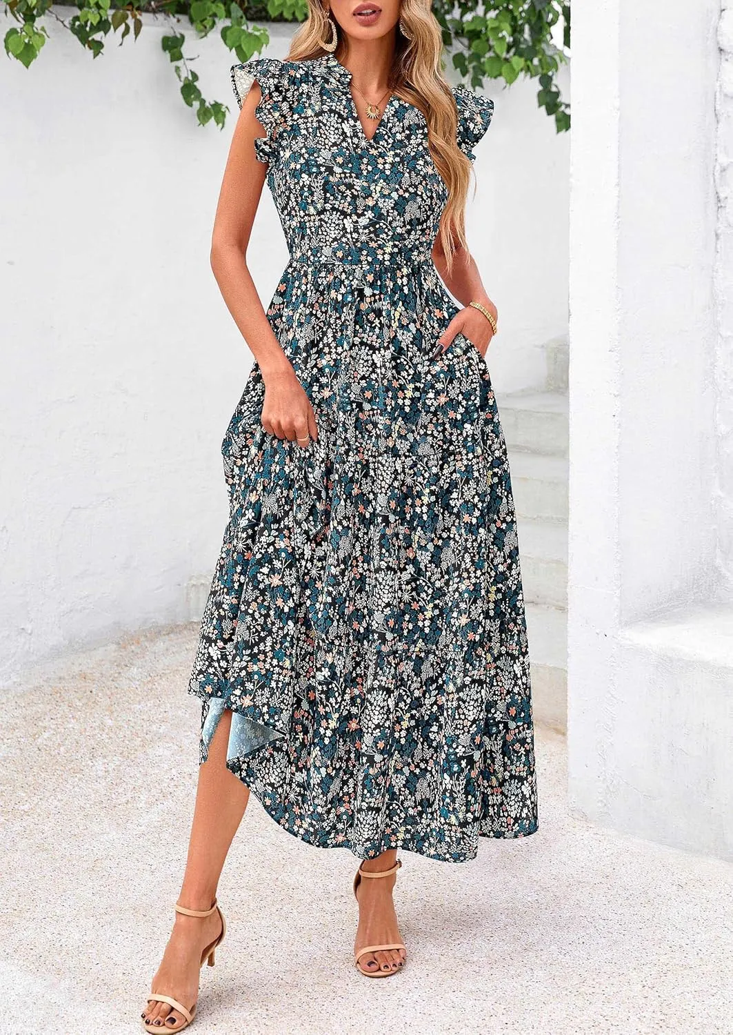PRETTYGARDEN Women's 2025 Summer Floral Midi Dress Cap Sleeve V Neck Ruffle Long Flowy Boho Casual Beach Vacation Dresses
