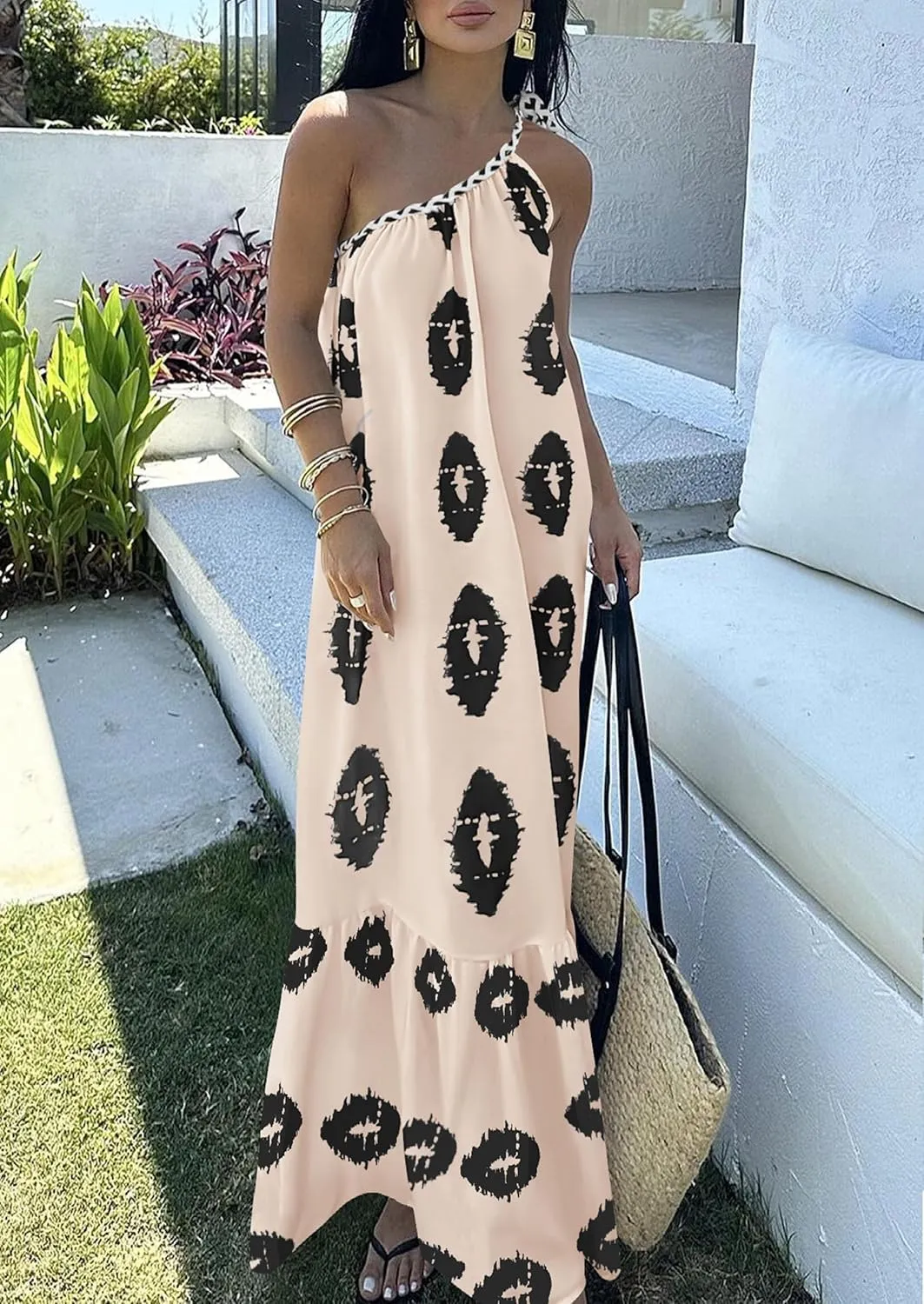 PRETTYGARDEN Women's 2025 Summer Maxi Dresses One Shoulder Printed Flowy Boho Beach Vacation Long Sundress