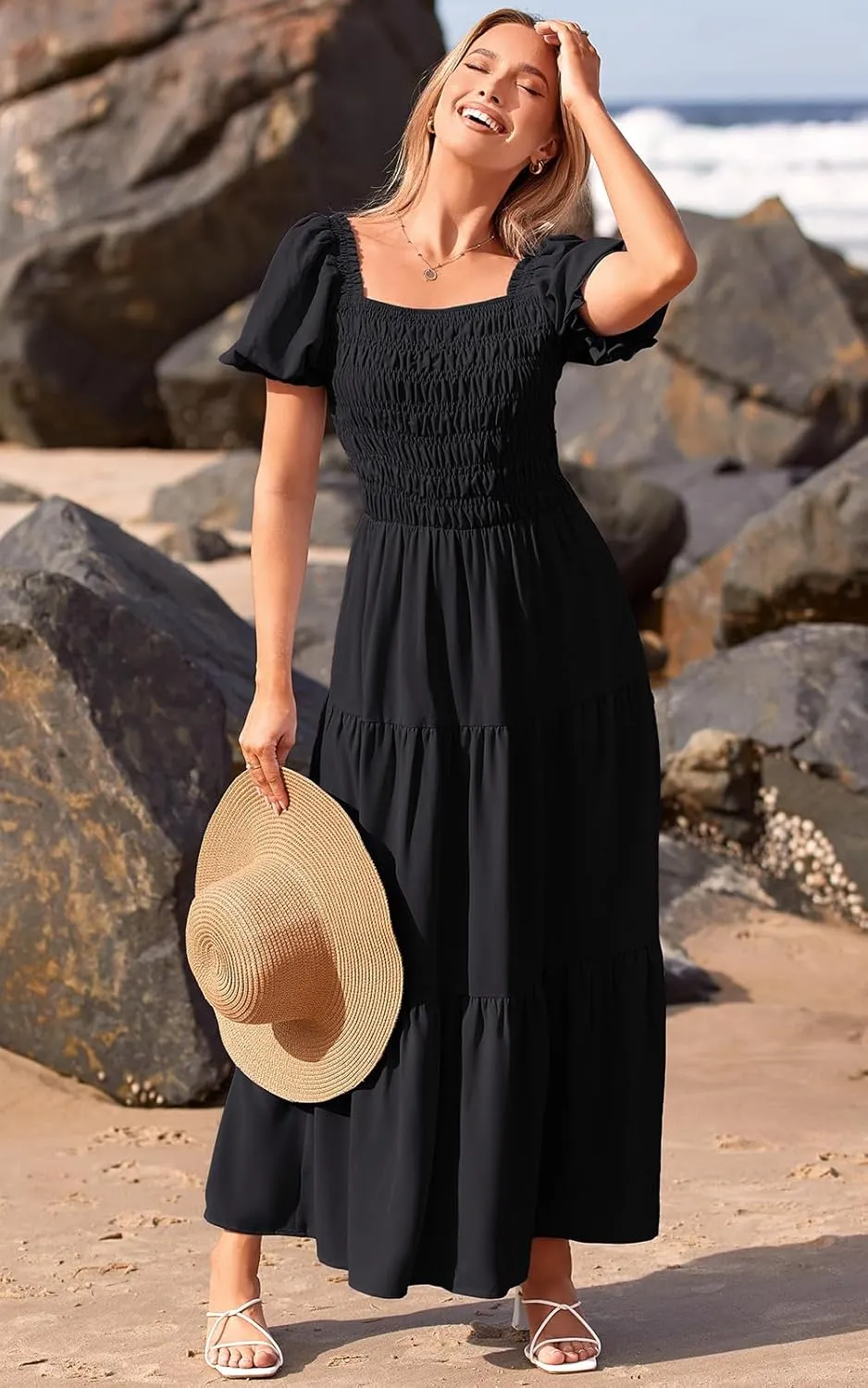PRETTYGARDEN Women's Boho Floral Print Summer Dresses Square Neck Puff Sleeve A Line Long Dress Smocked Casual Maxi Dress