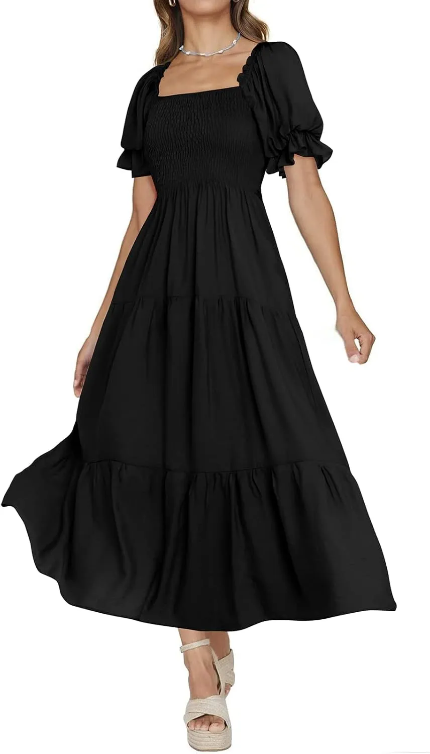 PRETTYGARDEN Women's Boho Floral Print Summer Dresses Square Neck Puff Sleeve A Line Long Dress Smocked Casual Maxi Dress