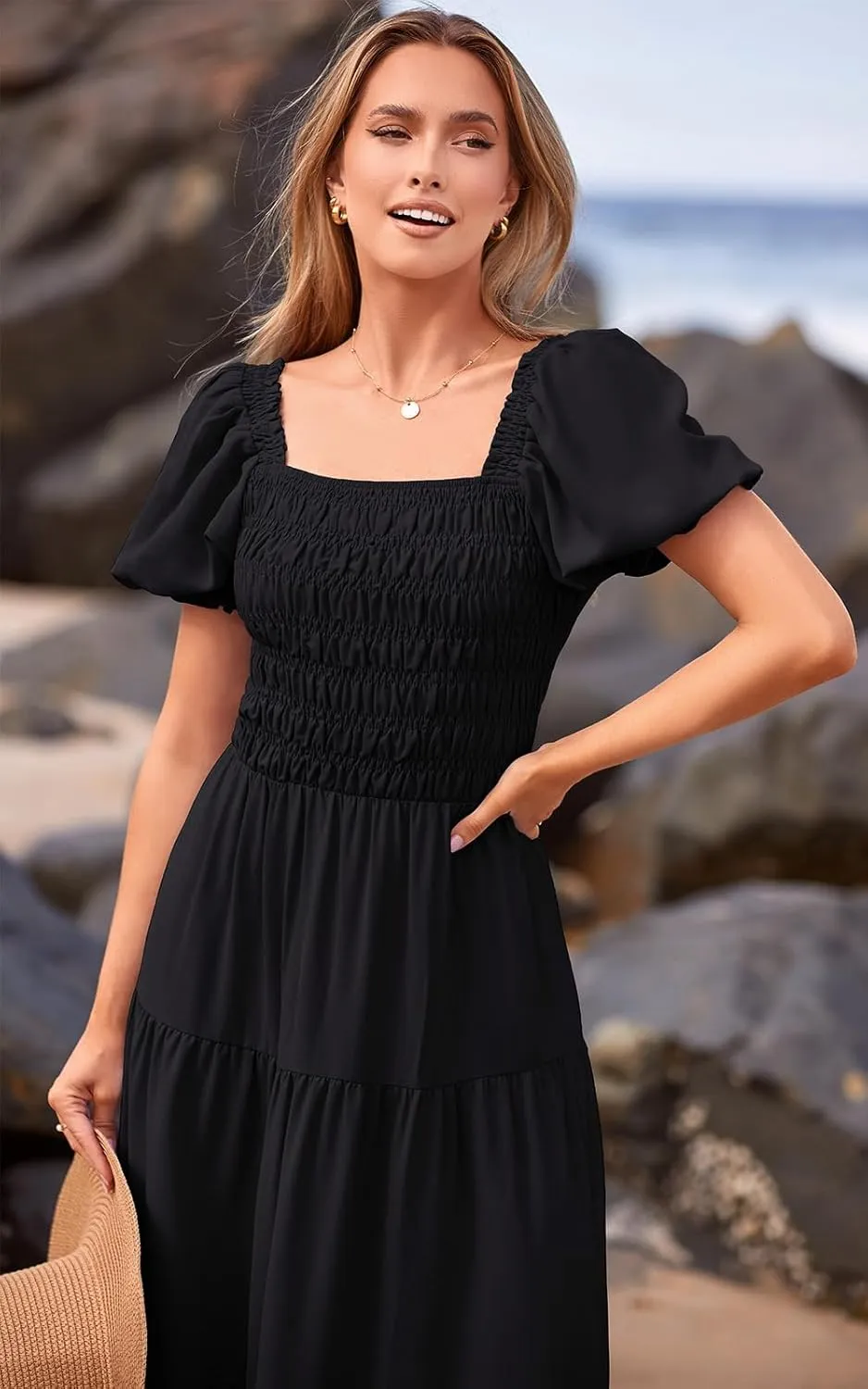 PRETTYGARDEN Women's Boho Floral Print Summer Dresses Square Neck Puff Sleeve A Line Long Dress Smocked Casual Maxi Dress