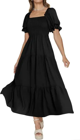 PRETTYGARDEN Women's Boho Floral Print Summer Dresses Square Neck Puff Sleeve A Line Long Dress Smocked Casual Maxi Dress