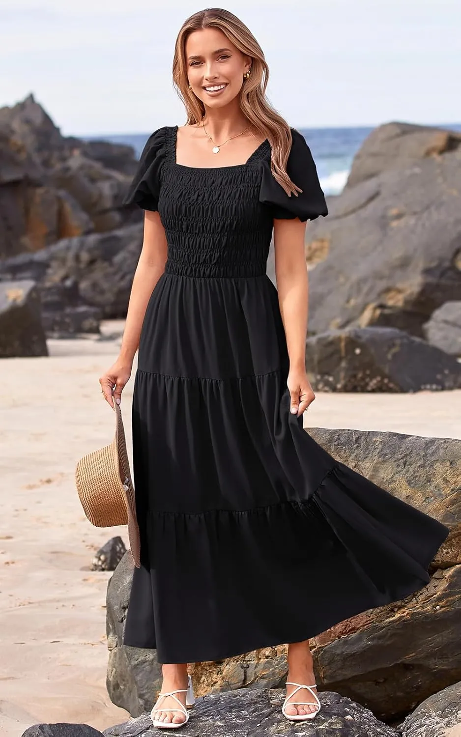 PRETTYGARDEN Women's Boho Floral Print Summer Dresses Square Neck Puff Sleeve A Line Long Dress Smocked Casual Maxi Dress