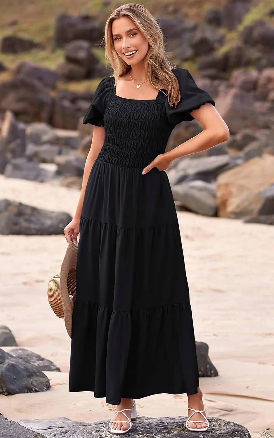 PRETTYGARDEN Women's Boho Floral Print Summer Dresses Square Neck Puff Sleeve A Line Long Dress Smocked Casual Maxi Dress