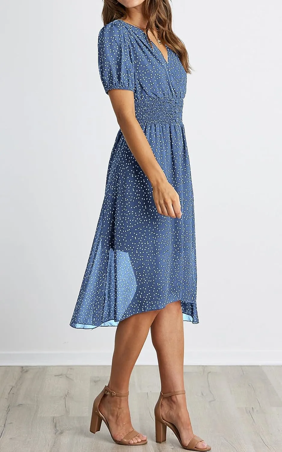 PRETTYGARDEN Women's Floral Wrap V-Neck Midi Dress Short Sleeve Boho Summer Beach Long Dress High Low Hem Smocked Dress Women