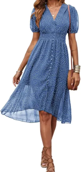 PRETTYGARDEN Women's Floral Wrap V-Neck Midi Dress Short Sleeve Boho Summer Beach Long Dress High Low Hem Smocked Dress Women