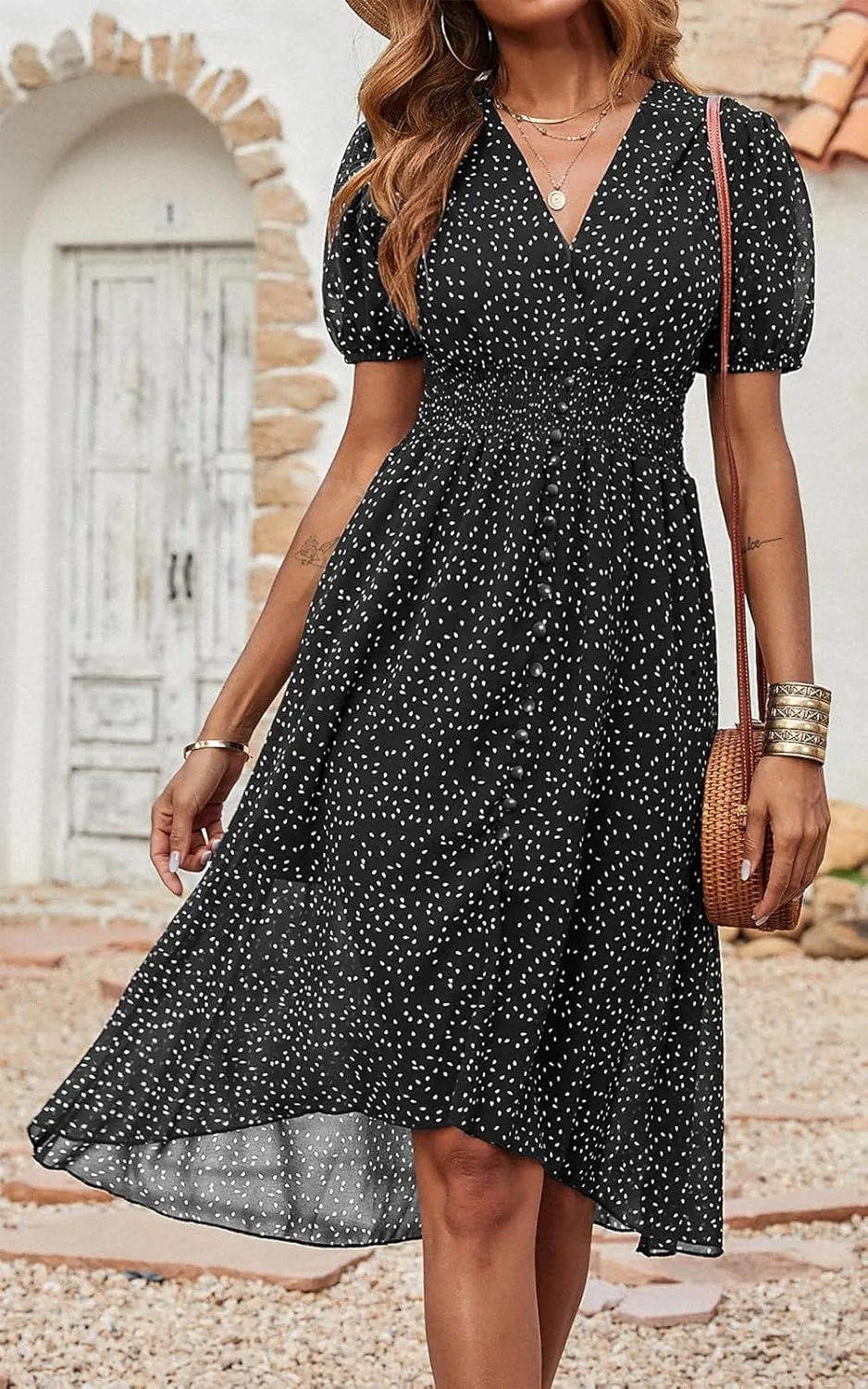 PRETTYGARDEN Women's Floral Wrap V-Neck Midi Dress Short Sleeve Boho Summer Beach Long Dress High Low Hem Smocked Dress Women