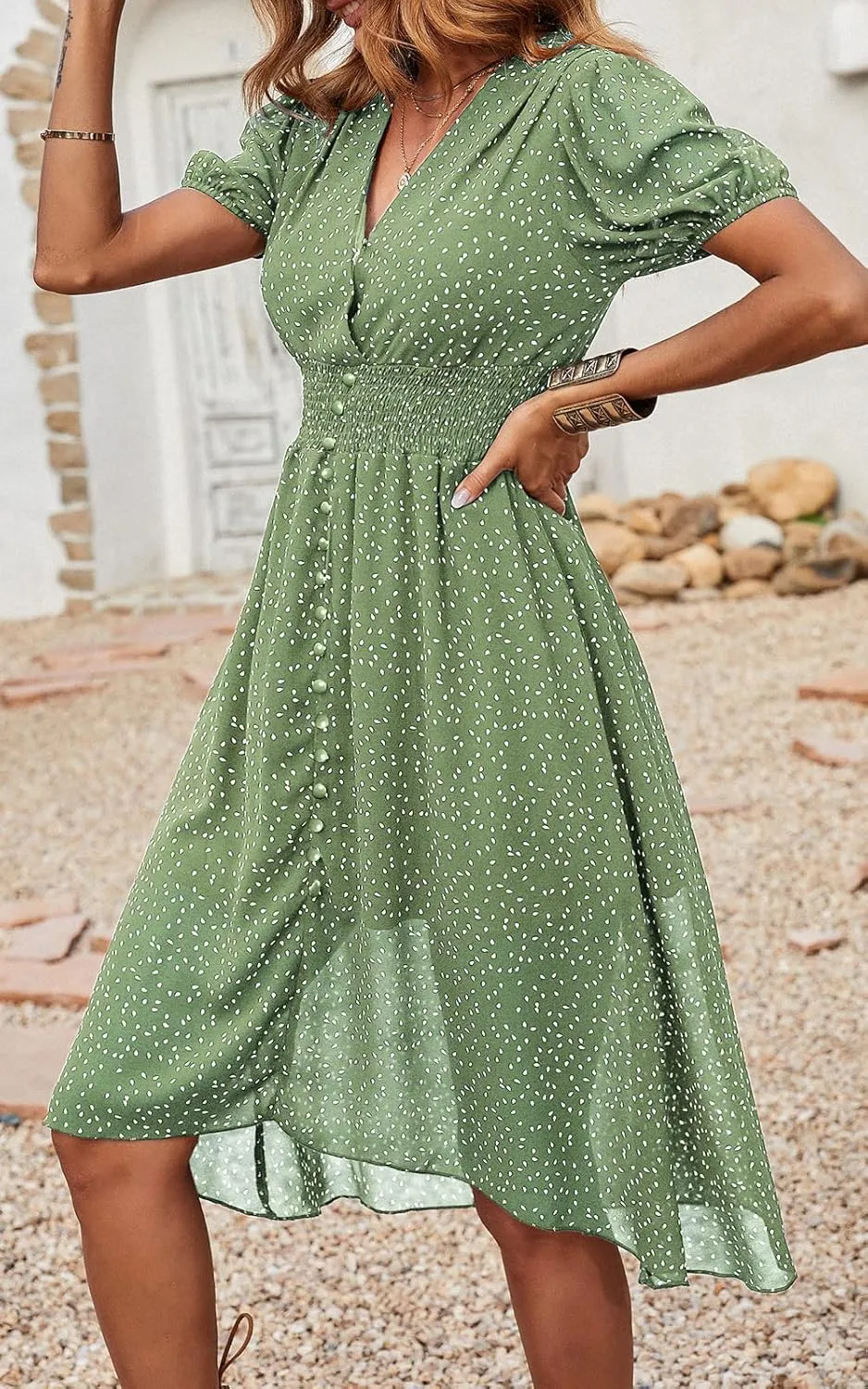 PRETTYGARDEN Women's Floral Wrap V-Neck Midi Dress Short Sleeve Boho Summer Beach Long Dress High Low Hem Smocked Dress Women