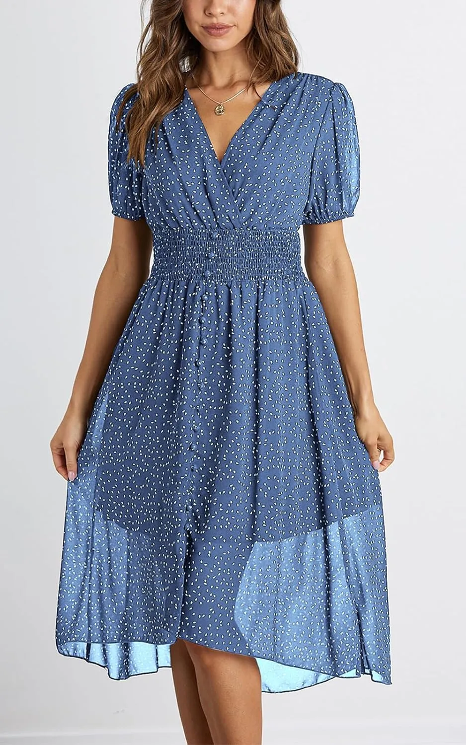 PRETTYGARDEN Women's Floral Wrap V-Neck Midi Dress Short Sleeve Boho Summer Beach Long Dress High Low Hem Smocked Dress Women