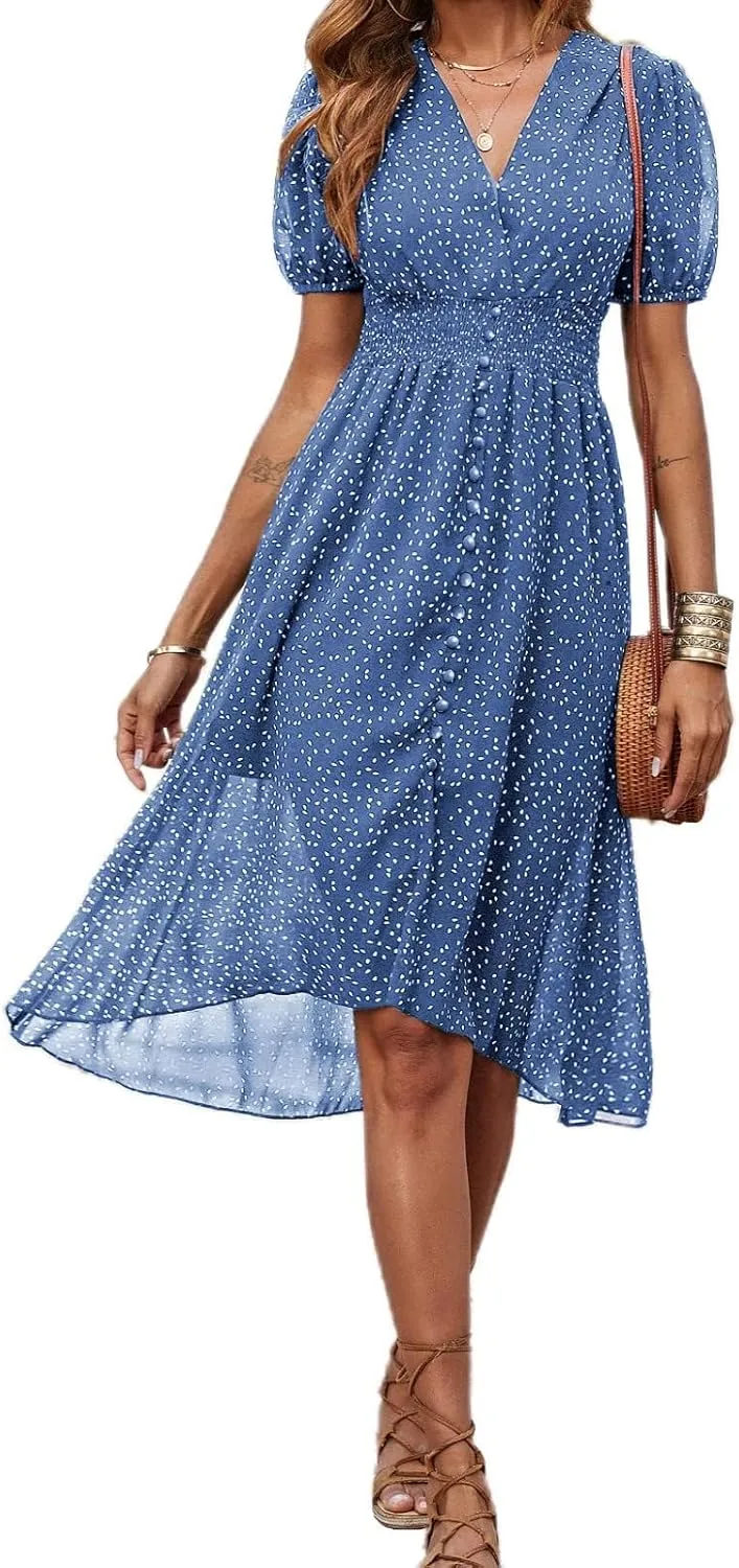 PRETTYGARDEN Women's Floral Wrap V-Neck Midi Dress Short Sleeve Boho Summer Beach Long Dress High Low Hem Smocked Dress Women