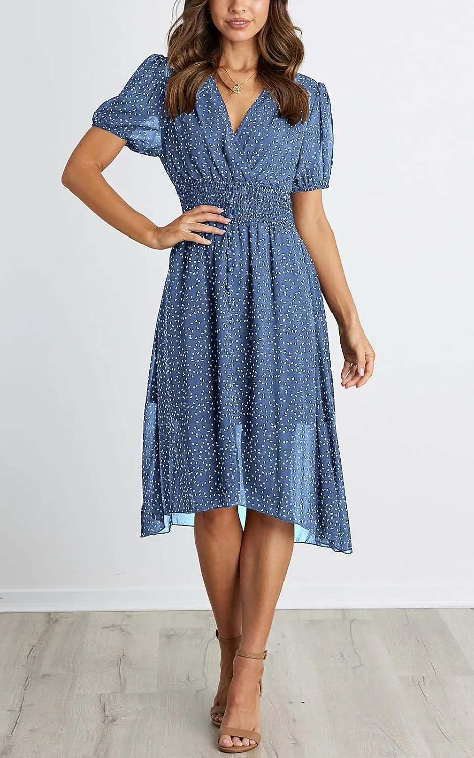 PRETTYGARDEN Women's Floral Wrap V-Neck Midi Dress Short Sleeve Boho Summer Beach Long Dress High Low Hem Smocked Dress Women