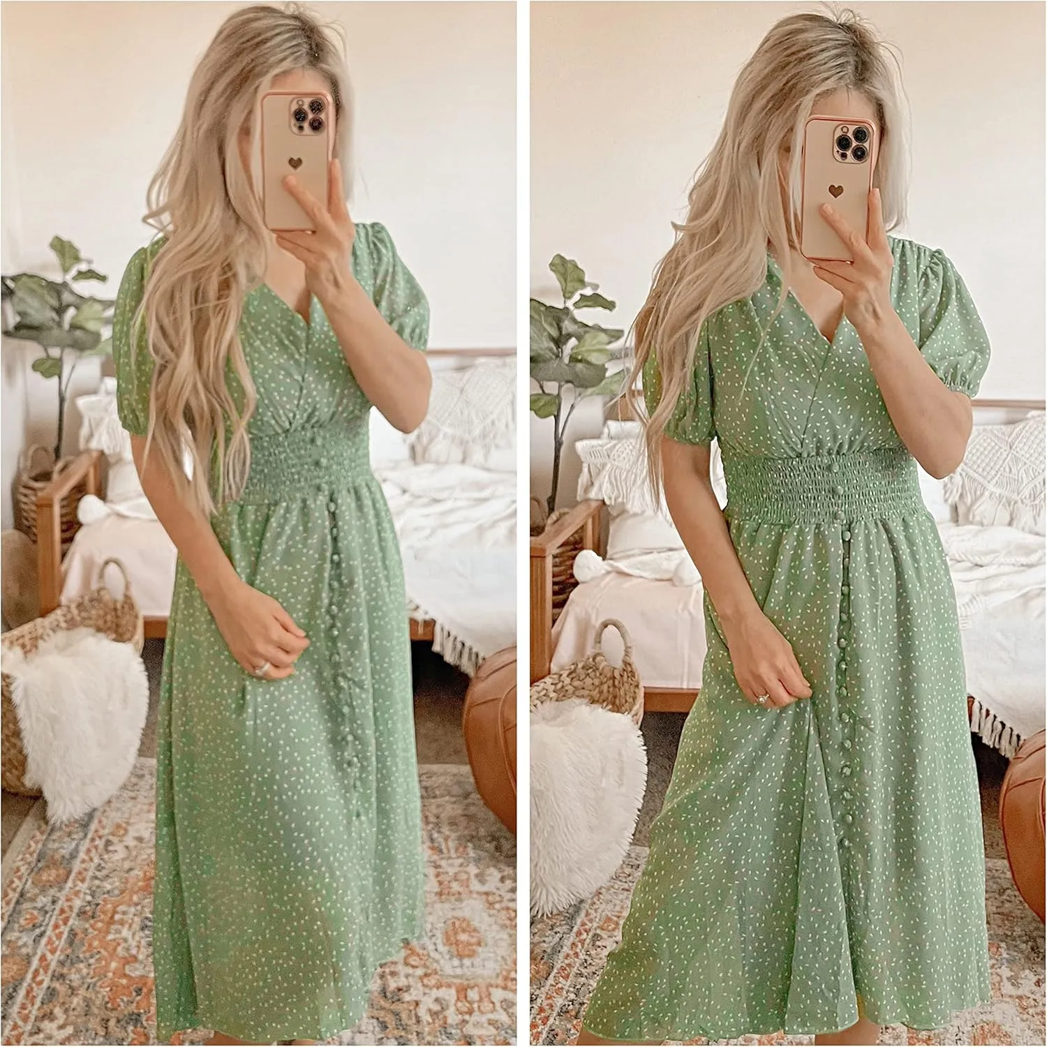 PRETTYGARDEN Women's Floral Wrap V-Neck Midi Dress Short Sleeve Boho Summer Beach Long Dress High Low Hem Smocked Dress Women
