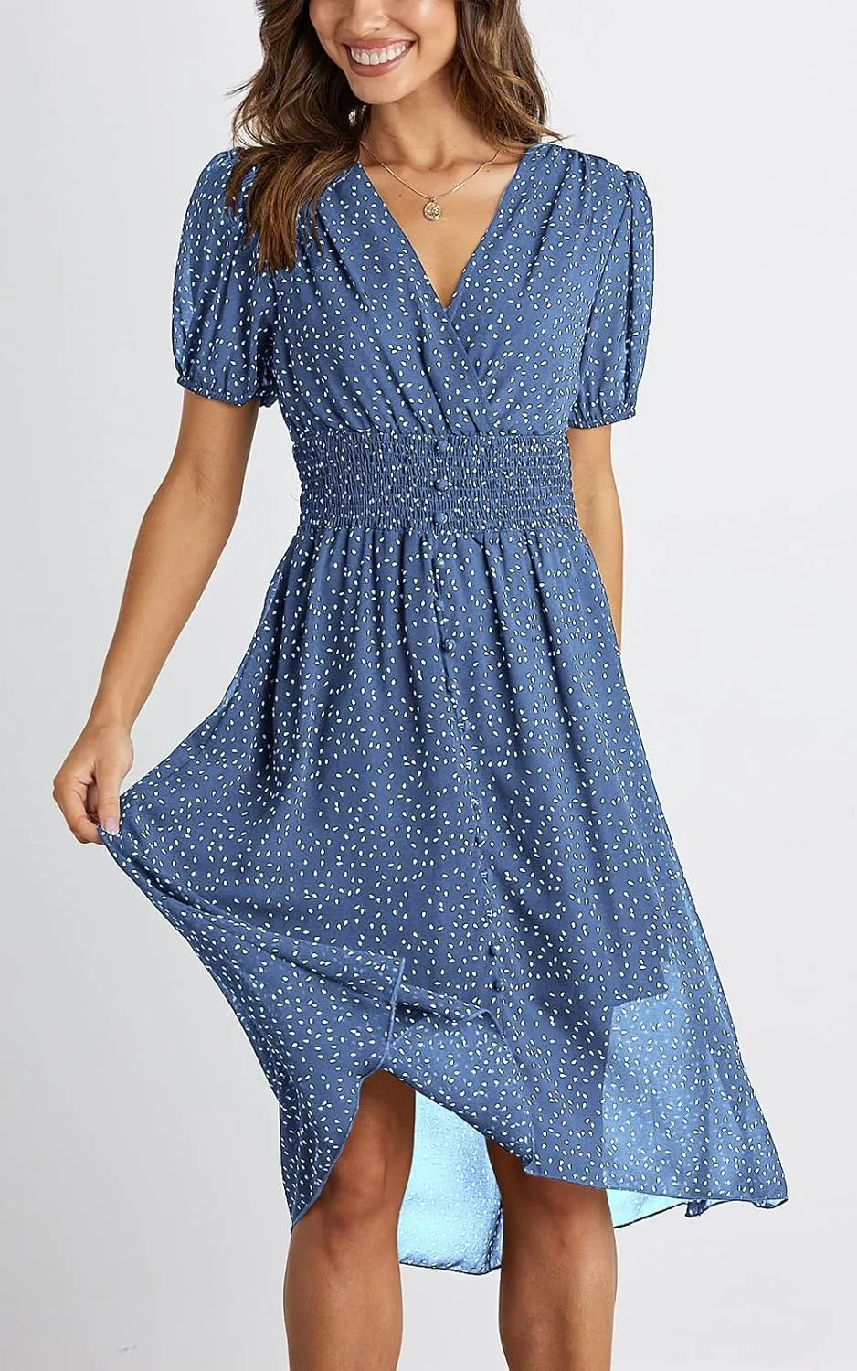 PRETTYGARDEN Women's Floral Wrap V-Neck Midi Dress Short Sleeve Boho Summer Beach Long Dress High Low Hem Smocked Dress Women
