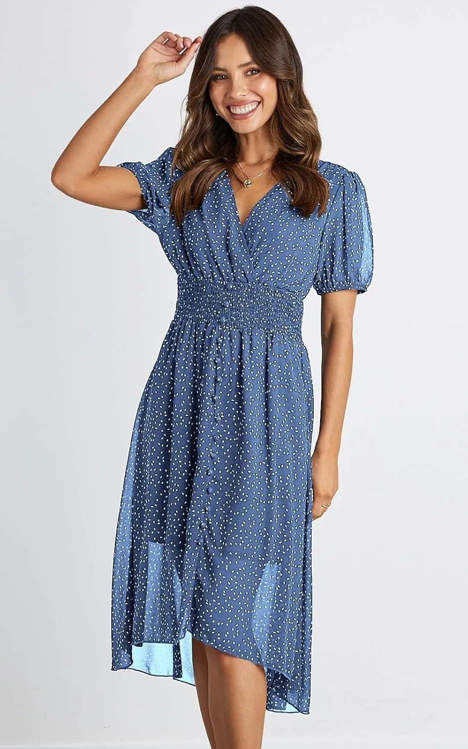 PRETTYGARDEN Women's Floral Wrap V-Neck Midi Dress Short Sleeve Boho Summer Beach Long Dress High Low Hem Smocked Dress Women