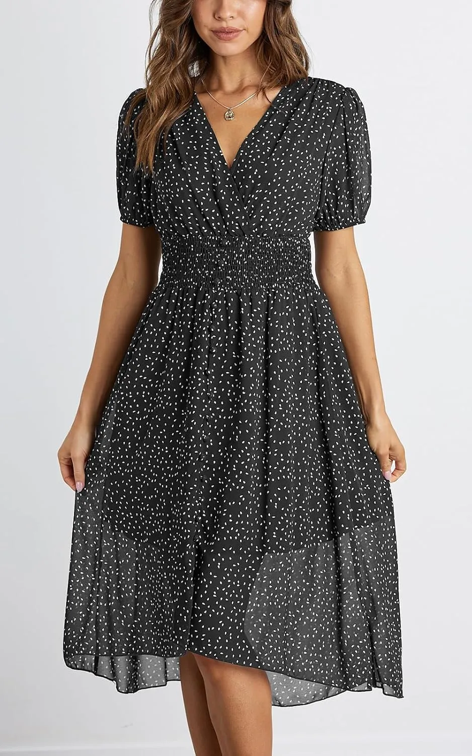 PRETTYGARDEN Women's Floral Wrap V-Neck Midi Dress Short Sleeve Boho Summer Beach Long Dress High Low Hem Smocked Dress Women