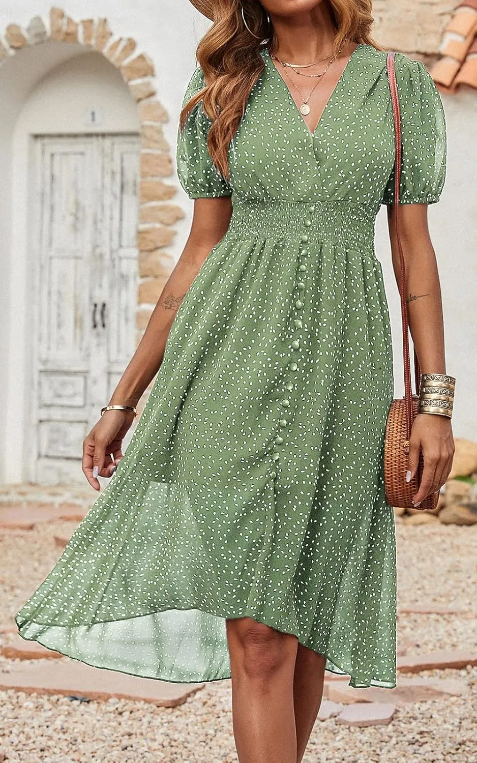 PRETTYGARDEN Women's Floral Wrap V-Neck Midi Dress Short Sleeve Boho Summer Beach Long Dress High Low Hem Smocked Dress Women