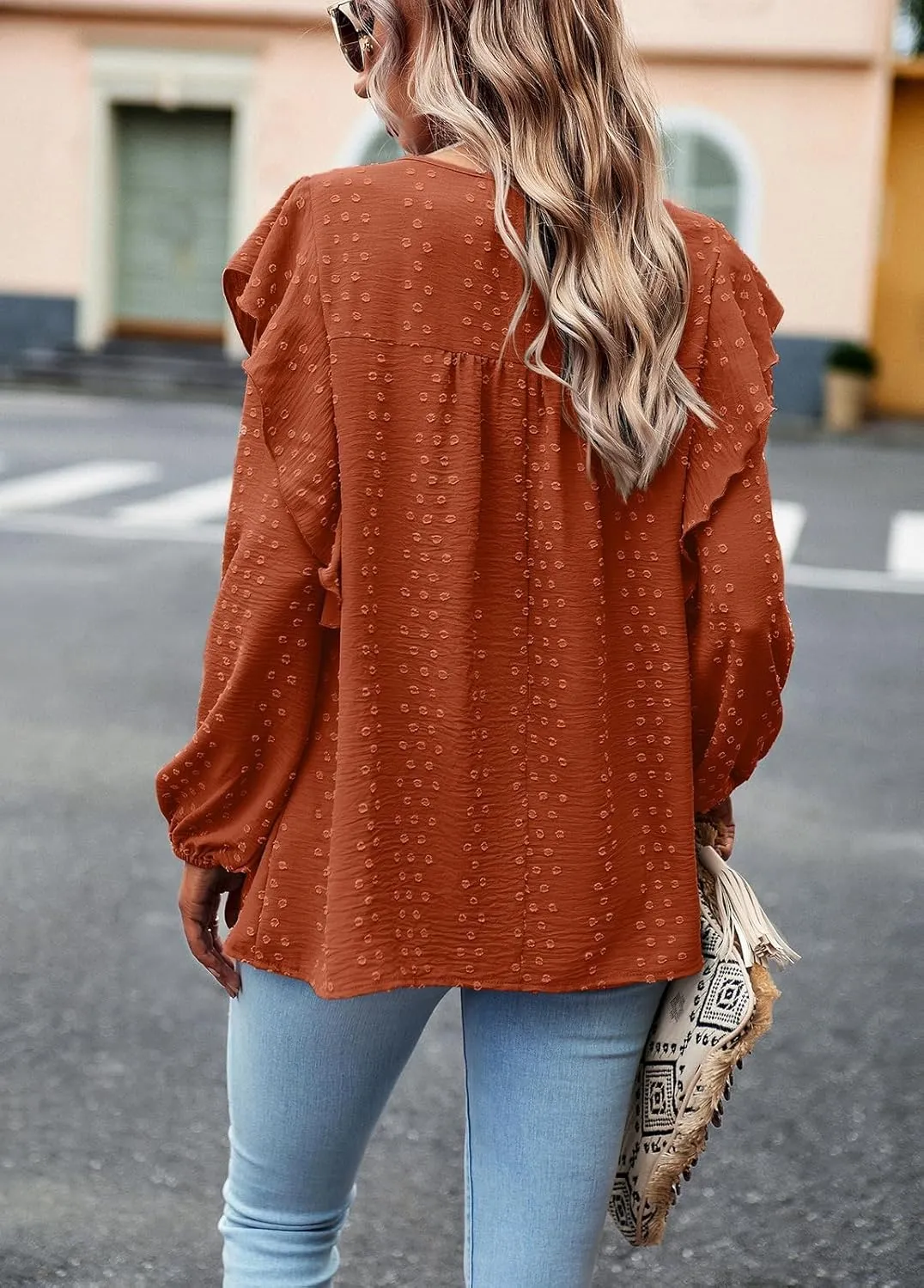 PRETTYGARDEN Women's Long Sleeve Blouses Ruffle Swiss Dot Crochet Loose Fit 2025 Spring Fall Tunic Dressy Casual Tops