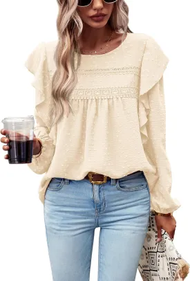 PRETTYGARDEN Women's Long Sleeve Blouses Ruffle Swiss Dot Crochet Loose Fit 2025 Spring Fall Tunic Dressy Casual Tops