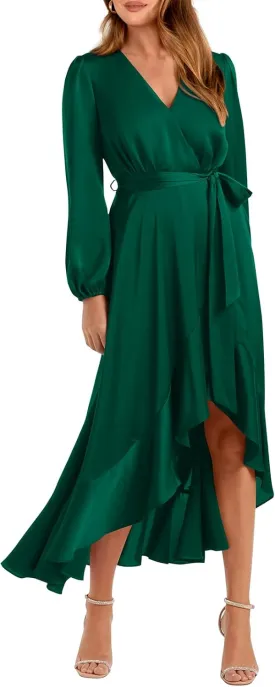 PRETTYGARDEN Women's Spring Dresses Casual Long Sleeve Wrap V Neck Maxi Dress Ruffle High Low Wedding Guest Dress Spring 2025