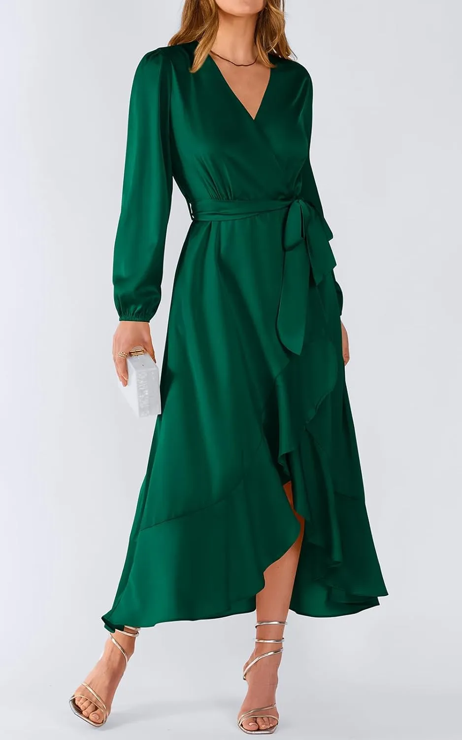 PRETTYGARDEN Women's Spring Dresses Casual Long Sleeve Wrap V Neck Maxi Dress Ruffle High Low Wedding Guest Dress Spring 2025