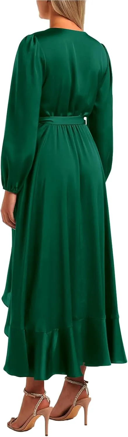 PRETTYGARDEN Women's Spring Dresses Casual Long Sleeve Wrap V Neck Maxi Dress Ruffle High Low Wedding Guest Dress Spring 2025