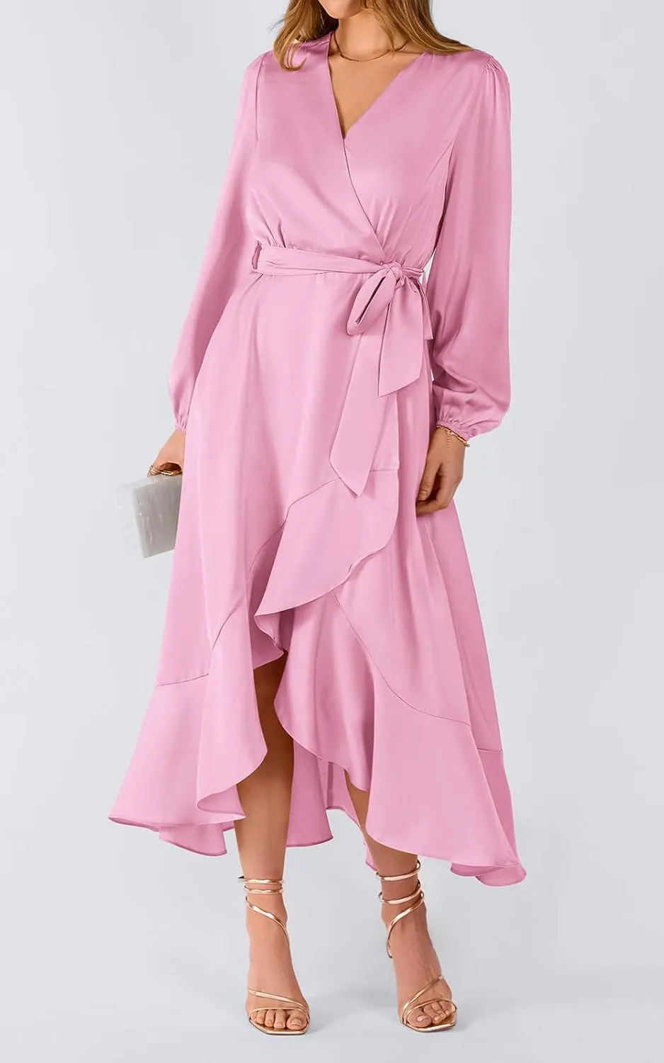 PRETTYGARDEN Women's Spring Dresses Casual Long Sleeve Wrap V Neck Maxi Dress Ruffle High Low Wedding Guest Dress Spring 2025