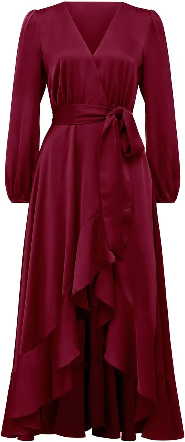 PRETTYGARDEN Women's Spring Dresses Casual Long Sleeve Wrap V Neck Maxi Dress Ruffle High Low Wedding Guest Dress Spring 2025