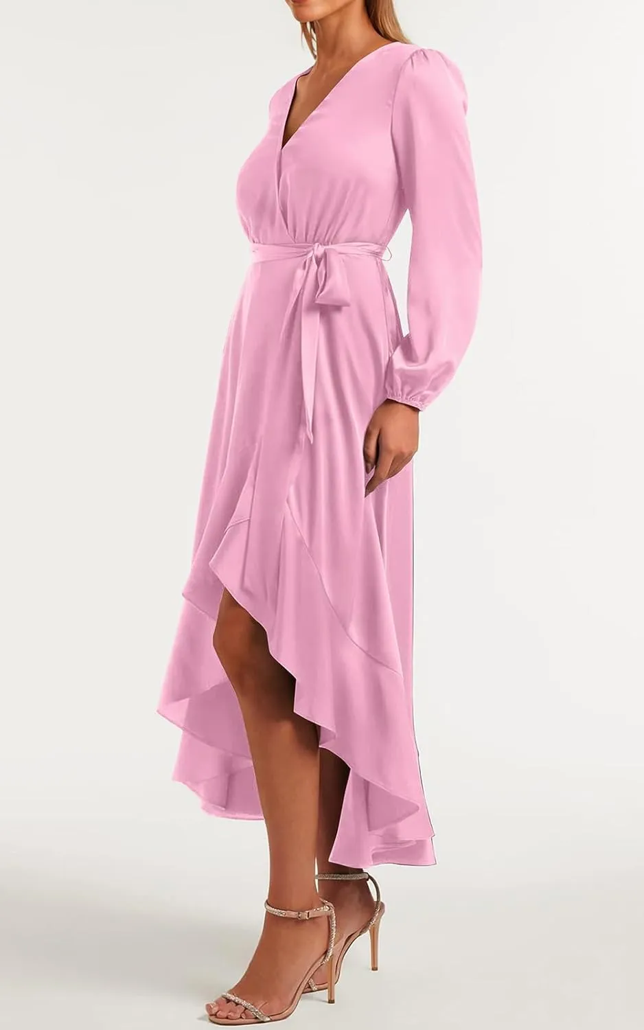 PRETTYGARDEN Women's Spring Dresses Casual Long Sleeve Wrap V Neck Maxi Dress Ruffle High Low Wedding Guest Dress Spring 2025