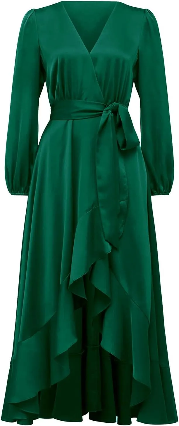 PRETTYGARDEN Women's Spring Dresses Casual Long Sleeve Wrap V Neck Maxi Dress Ruffle High Low Wedding Guest Dress Spring 2025