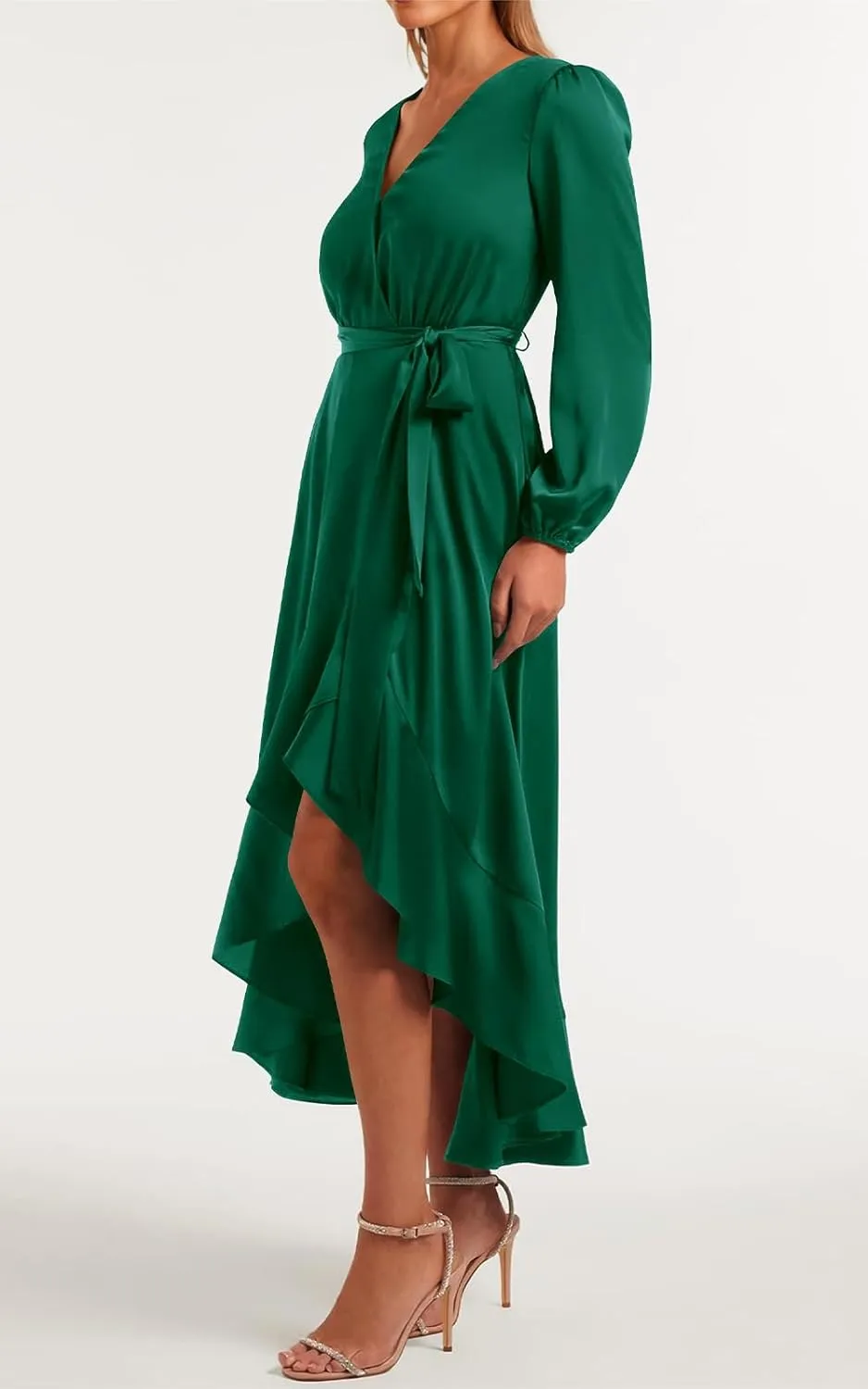 PRETTYGARDEN Women's Spring Dresses Casual Long Sleeve Wrap V Neck Maxi Dress Ruffle High Low Wedding Guest Dress Spring 2025