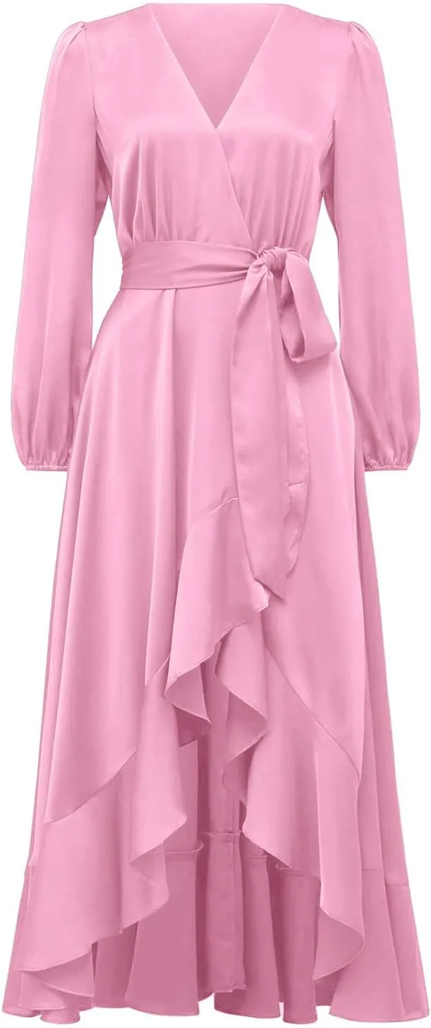 PRETTYGARDEN Women's Spring Dresses Casual Long Sleeve Wrap V Neck Maxi Dress Ruffle High Low Wedding Guest Dress Spring 2025